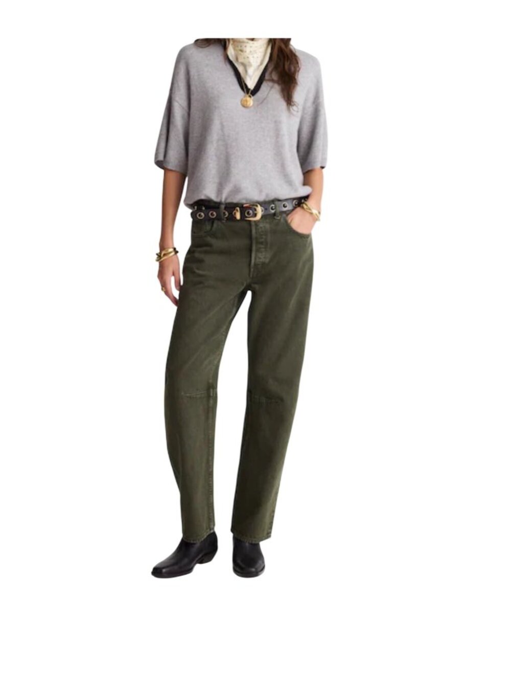 Madewell The Darted Barrel-Leg Jean Mossy Umber Oversized Fit Articulated Knee - Picture 2 of 11